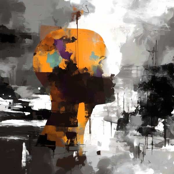 最初の商品画像がポスターの全体図です．2 番めの商品画像として中央部分の拡大図をのせています． 【GPT5/4o による解説】 (正確でない場合がありますので，ご注意ください.) 画面中央に人の横顔のシルエットが置かれ，内側はオレンジや紫の...