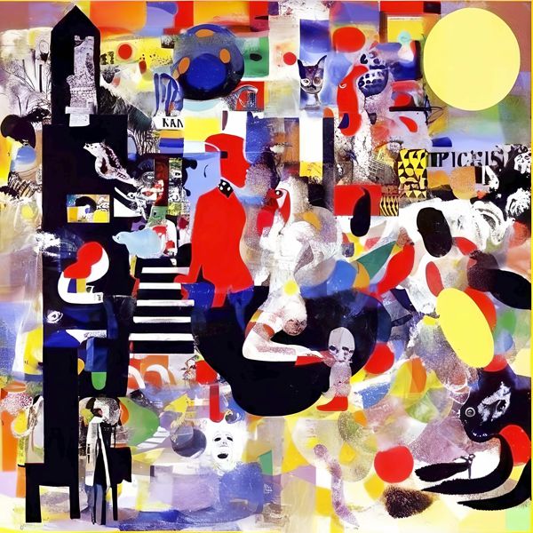 最初の商品画像がポスターの全体図です．2 番めの商品画像として中央部分の拡大図をのせています． 【GPT5/4o による解説】 (正確でない場合がありますので，ご注意ください.) この絵は，抽象表現主義やポップアートの影響を受けた作品のよう...