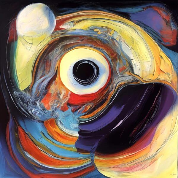 最初の商品画像がポスターの全体図です．2 番めの商品画像として中央部分の拡大図をのせています． 【GPT5/4o による解説】 (正確でない場合がありますので，ご注意ください.) 中心に大きな瞳のような円環が据えられ，周囲を縫うように回転す...