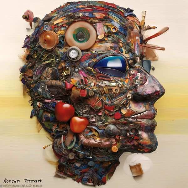 最初の商品画像がポスターの全体図です．2 番めの商品画像として中央部分の拡大図をのせています． 【GPT5/4o による解説】 (正確でない場合がありますので，ご注意ください.) この絵は横向きの顔を，拾い集めた日用品や破片で形づくっていま...