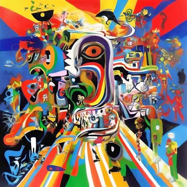 最初の商品画像がポスターの全体図です．2 番めの商品画像として中央部分の拡大図をのせています． 【GPT5/4o による解説】 (正確でない場合がありますので，ご注意ください.) この絵は，カラフルでダイナミックな抽象表現が特徴的です． 色...