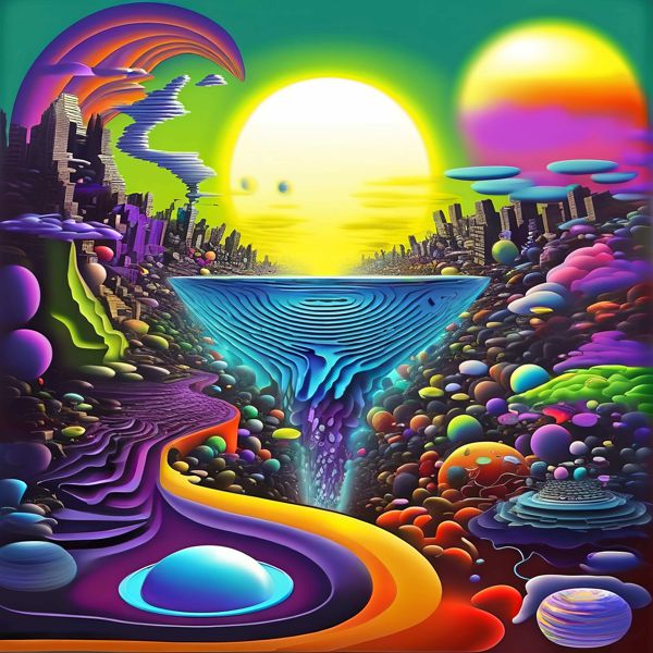 最初の商品画像がポスターの全体図です．2 番めの商品画像として中央部分の拡大図をのせています． 【GPT5/4o による解説】 (正確でない場合がありますので，ご注意ください.) この絵は中央に眩い太陽が据えられ，その光を受けて逆さまに落ちる渦と深みのある谷が視線を誘導します． 左右に広がる階層的な地形と鏡面のような球体群が同居し，蛍光的なグラデーションと強い光沢によって平面性と立体感が同時に提示されています． 都市のシルエットと有機的な塊が混ざり合うことで，未来的かつ夢幻的な風景が生み出されています． 作風の系譜を辿ると，非現実を日常に重ねるシュルレアリスムの伝統，例えばサルバドール・ダリの異化効果が想起されます． また，ファンタジックな地形描写においてはロジャー・ディーンの影響や，サイケデリックな色彩感覚，さらに現代デジタル表現者（例：Android Jones 等）が用いる滑らかなレンダリング技法が混ざり合っている印象です． 伝統的な絵画的構図とデジタルの視覚言語が融合した新しい映像詩と言えるでしょう． 【購入方法・サイズなどについて】 サイズはつぎのうちのいずれかを上記の商品リストで選択してください．いずれも正方形です．・500 mm × 500 mm． ・400 mm × 400 mm． ・300 mm × 300 mm． ・250 mm × 250 mm (紙は 300 mm × 300 mm．余白つき)． ・200 mm × 200 mm． オンデマンドで印刷します (受注生産です) が，基本的に 1 週間以内に発送します． 300 mm と 250 mm のものは楽天，アマゾン，ニトリ，ハンズ，無印良品などで販売されている内寸 30 cm 角のフレームにちょうとおさまります． この商品にはフレームは付属せず販売もしていません． 【画像の制作方法】 制作者と AI (AI アート作成用のプログラム Stable Diffusion XL 1.0 (1024)) とからなるアートユニット カナブストラクド によるアートポスターです．そのプログラムに「Kanabstracd surrealism Seurat」ということば (prompt) をあたえて創造させました． 負のプロンプトとして「Seurat bows」を指定しています． AI アートでは通常 A6 サイズ相当くらい (縦横 500〜1000 ピクセルくらい) の荒い画像しかつくれないので，超解像という技術をつかって原画より解像度を 4〜8 倍に (こまかく) しています． ただし，上の商品画像の解像度は原画と同程度なのでご注意ください． これらのポスターは通常の AI アートとはちがう独自の方法を使って作っています． AI アートは AI にプロンプト (または呪文) とよばれる英語の記述をあたえて作画した画像ですが， Stable Diffusion，DALL・E 2，Midjourney などの AI プログラムによって 2022 年に爆発的に普及しました． AI アートで望む画像を作るために通常は比較的細かい指示を与えます． しかしデイシンではおもに 1〜4 語程度の短いことばや造語を Stable Diffusion XL 1.0 (1024) を使用している OpenArt，NightCafe などのウェブサイトで使用して，そのプログラムがもつ知識をいかして自由に (ジェネラティブに，創発的に) 画像をつくらせています． コントラストの調整等はしていますが，描きなおさせたり加筆したりするようなことはしていません． こうやって作られる「意図しない」画像も「AI アート」とは呼ばれるものの，かならずしもアートとはいえないと考えています． しかし，思いもよらない画像や特定の画家風の部分がありながらその作品とはちがうスタイルの画像，模様やステンドグラスに埋め込まれた猫など，様々な興味ぶかい画像がつくれます． 【キーワード】 AIアート, AI画家, 画像生成AI, 人工知能アート, コンピュータアート, コンピュータ・アート, デジタルアート, メディアアート, Stable Diffusion, ジェネラティブアート, ジェネレーティブアート, 創発的, 生成的, アート・ジェネレータ, インテリア, ウォールアート, アートポスター, アートプリント, オリジナルポスター 【著作権に関する注記】 この画像は ISAP 手法にもとづいて AI が生成したものです．特定の現存作家または既存作品の模倣・再現を意図するものではありませんが，お気づきの点がありましたら info@dasyn.com にご連絡ください．AI を使って造った気軽に楽しめるアートポスター AI とともに描いた様々な絵でお部屋をかざってみませんか? AI アートでさまざまな絵画を創造しました．人だけでは描くのが難しいオリジナル作品をお求めやすい価格で提供します．壁にならべて貼ったり，気分にあわせて貼りかえてみることもできます．