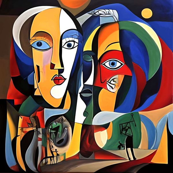 最初の商品画像がポスターの全体図です．2 番めの商品画像として中央部分の拡大図をのせています． 【GPT5/4o による解説】 (正確でない場合がありますので，ご注意ください.) この絵は，キュビズムの影響を強く受けた作品です． 特にピカソ...