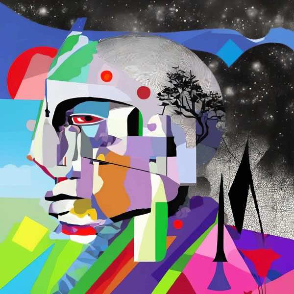 最初の商品画像がポスターの全体図です．2 番めの商品画像として中央部分の拡大図をのせています． 【GPT5/4o による解説】 (正確でない場合がありますので，ご注意ください.) この絵は，キュビズムとシュルレアリスムの影響を受けた作品です...