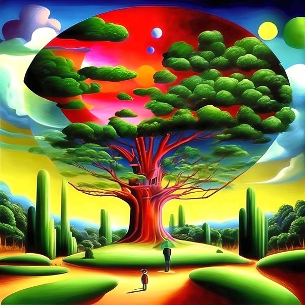 最初の商品画像がポスターの全体図です．2 番めの商品画像として中央部分の拡大図をのせています． 【GPT5/4o による解説】 (正確でない場合がありますので，ご注意ください.) この絵は，鮮やかな色彩と幻想的な構図が特徴的で，シュルレアリ...