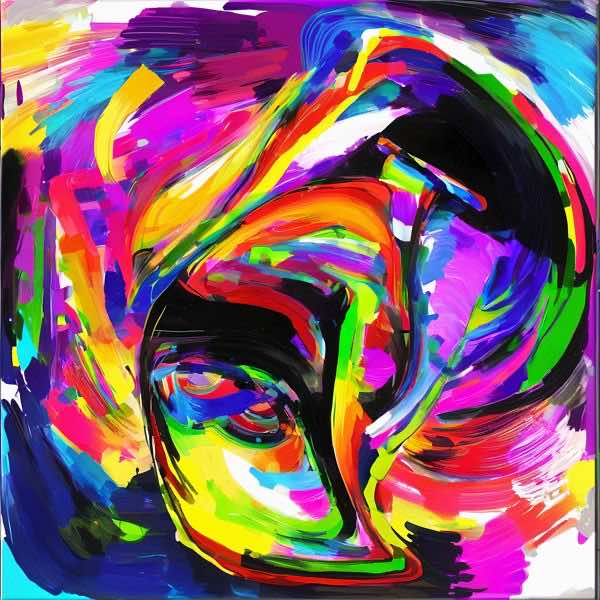 最初の商品画像がポスターの全体図です．2 番めの商品画像として中央部分の拡大図をのせています． 【GPT5/4o による解説】 (正確でない場合がありますので，ご注意ください.) 渦を巻く極彩色のストロークが画面を攪拌し，中心で半抽象の顔が...