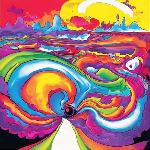 最初の商品画像がポスターの全体図です．2 番めの商品画像として中央部分の拡大図をのせています． 【GPT5/4o による解説】 (正確でない場合がありますので，ご注意ください.) この絵は，サイケデリックアートの影響を強く受けているように見...