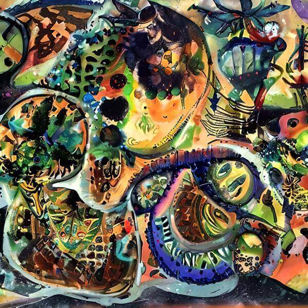 最初の商品画像がポスターの全体図です．2 番めの商品画像として中央部分の拡大図をのせています． 【GPT5/4o による解説】 (正確でない場合がありますので，ご注意ください.) この絵は，鮮やかなオレンジや緑，青，紫がにじみ合い，曲線が重...