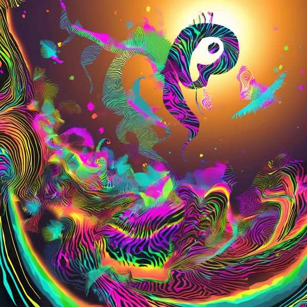 最初の商品画像がポスターの全体図です．2 番めの商品画像として中央部分の拡大図をのせています． 【GPT5/4o による解説】 (正確でない場合がありますので，ご注意ください.) この絵は，サイケデリックアートの影響を強く受けているように見...