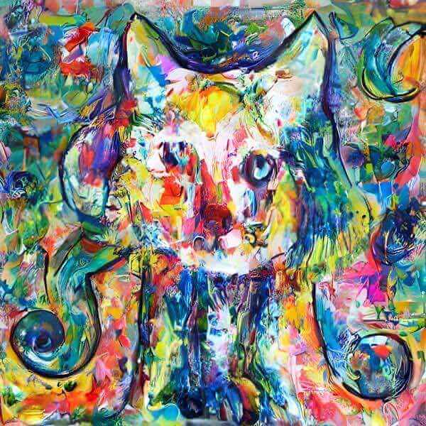 最初の商品画像がポスターの全体図です．2 番めの商品画像として中央部分の拡大図をのせています． 【GPT5/4o による解説】 (正確でない場合がありますので，ご注意ください.) 中央に猫を思わせる顔が浮かび，多彩な色彩と厚塗りを想起させる...