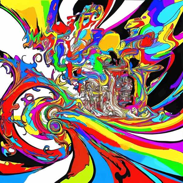 最初の商品画像がポスターの全体図です．2 番めの商品画像として中央部分の拡大図をのせています． 【GPT5/4o による解説】 (正確でない場合がありますので，ご注意ください.) この絵は，サイケデリックアートやアブストラクトアートの影響を...