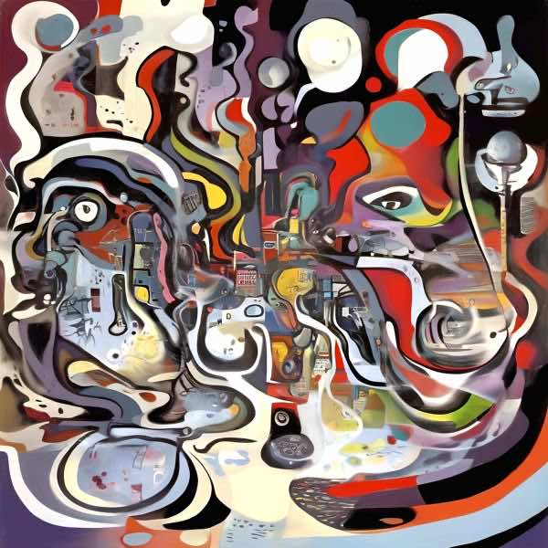 最初の商品画像がポスターの全体図です．2 番めの商品画像として中央部分の拡大図をのせています． 【GPT5/4o による解説】 (正確でない場合がありますので，ご注意ください.) この絵は，シュルレアリスムや抽象表現主義の影響を受けた作品の...