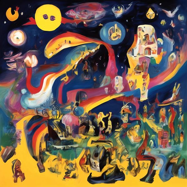 最初の商品画像がポスターの全体図です．2 番めの商品画像として中央部分の拡大図をのせています． 【GPT5/4o による解説】 (正確でない場合がありますので，ご注意ください.) 夜空を背景に鮮やかな帯状の色彩が渦を描き，月や球体，躍動する...