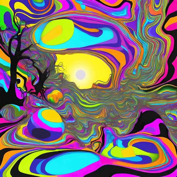 最初の商品画像がポスターの全体図です．2 番めの商品画像として中央部分の拡大図をのせています． 【GPT5/4o による解説】 (正確でない場合がありますので，ご注意ください.) この作品は蛍光に近い原色が波紋のように重なり合い，中央の眩い...