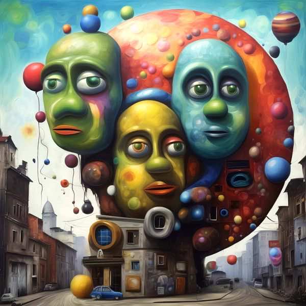 最初の商品画像がポスターの全体図です．2 番めの商品画像として中央部分の拡大図をのせています． 【GPT5/4o による解説】 (正確でない場合がありますので，ご注意ください.) この絵は，シュルレアリスムとポップアートの影響を受けた作品で...