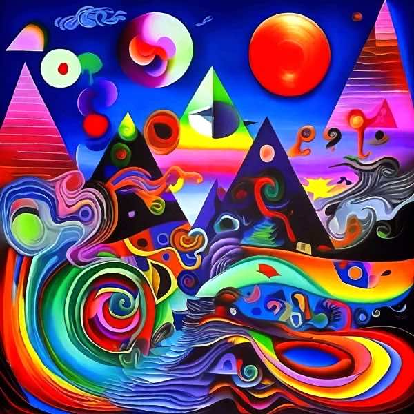 最初の商品画像がポスターの全体図です．2 番めの商品画像として中央部分の拡大図をのせています． 【GPT5/4o による解説】 (正確でない場合がありますので，ご注意ください.) この絵は，カンディンスキーやミロの影響を受けた抽象表現主義の...