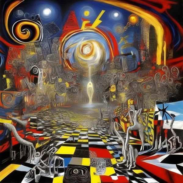 最初の商品画像がポスターの全体図です．2 番めの商品画像として中央部分の拡大図をのせています． 【GPT5/4o による解説】 (正確でない場合がありますので，ご注意ください.) この絵は，シュルレアリスムと未来派の影響を受けた作品のように...