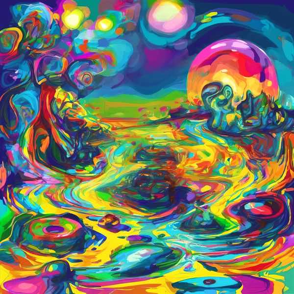 最初の商品画像がポスターの全体図です．2 番めの商品画像として中央部分の拡大図をのせています． 【GPT5/4o による解説】 (正確でない場合がありますので，ご注意ください.) この絵は，非常に鮮やかな色彩と流動的な形状が特徴的で，サイケ...