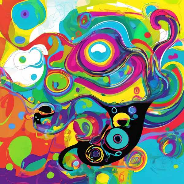 最初の商品画像がポスターの全体図です．2 番めの商品画像として中央部分の拡大図をのせています． 【GPT5/4o による解説】 (正確でない場合がありますので，ご注意ください.) この絵は，鮮やかな色彩と流れるような形状が特徴的で，抽象表現...