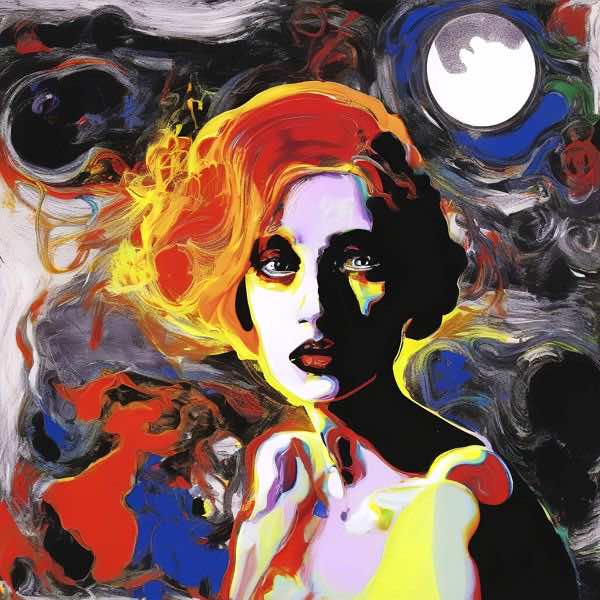 最初の商品画像がポスターの全体図です．2 番めの商品画像として中央部分の拡大図をのせています． 【GPT5/4o による解説】 (正確でない場合がありますので，ご注意ください.) 鮮烈な色彩と強いコントラストで描かれた本作は，人物の輪郭を深...