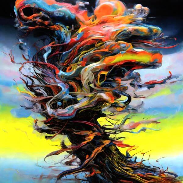 最初の商品画像がポスターの全体図です．2 番めの商品画像として中央部分の拡大図をのせています． 【GPT5/4o による解説】 (正確でない場合がありますので，ご注意ください.) この絵は，抽象表現主義とシュルレアリスムの影響を受けた作品の...