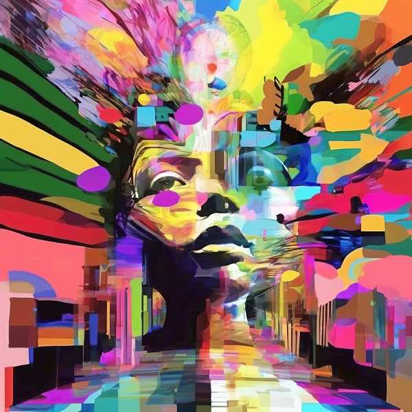 最初の商品画像がポスターの全体図です．2 番めの商品画像として中央部分の拡大図をのせています． 【GPT5/4o による解説】 (正確でない場合がありますので，ご注意ください.) この絵は，鮮やかな色彩と抽象的な形状が特徴的で，サイケデリッ...