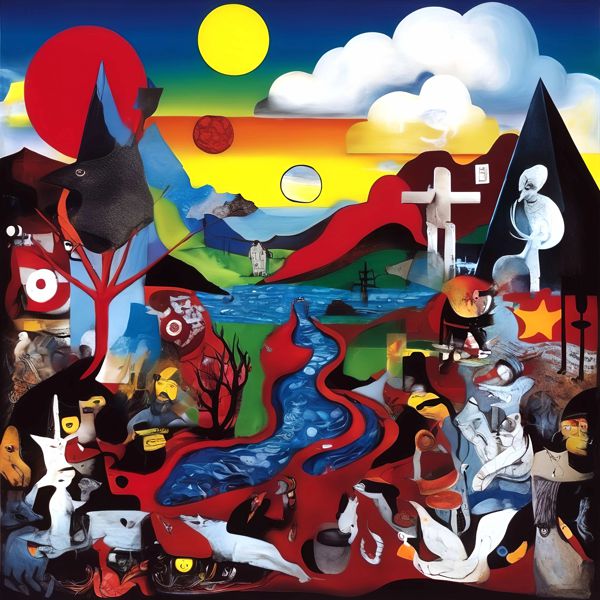 最初の商品画像がポスターの全体図です．2 番めの商品画像として中央部分の拡大図をのせています． 【GPT5/4o による解説】 (正確でない場合がありますので，ご注意ください.) この絵は，シュルレアリスムとキュビスムの影響を受けた作品のよ...