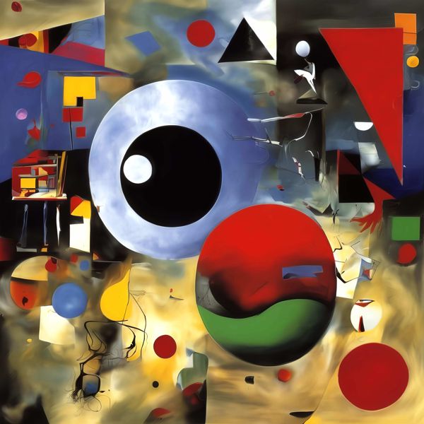 最初の商品画像がポスターの全体図です．2 番めの商品画像として中央部分の拡大図をのせています． 【GPT5/4o による解説】 (正確でない場合がありますので，ご注意ください.) 中央に配置された大きな青い円と黒い瞳のような形，鮮烈な赤と緑...