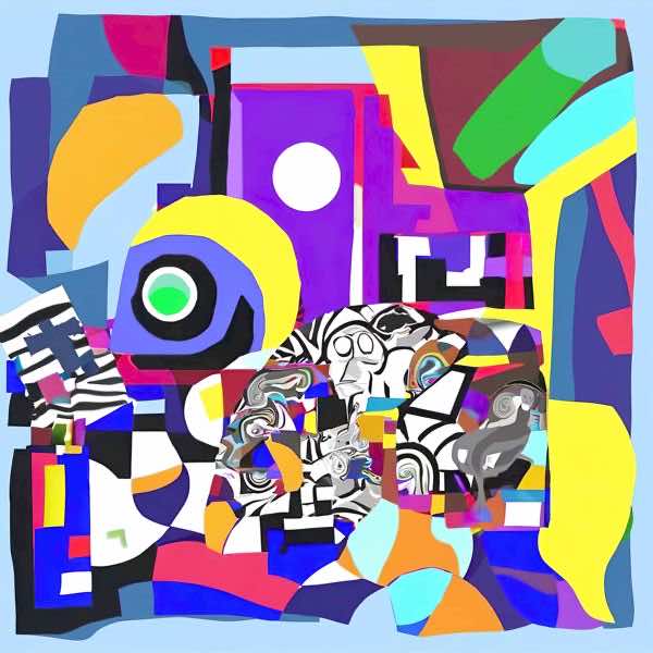 最初の商品画像がポスターの全体図です．2 番めの商品画像として中央部分の拡大図をのせています． 【GPT5/4o による解説】 (正確でない場合がありますので，ご注意ください.) この絵は，抽象表現主義やキュビズムの影響を受けた作品のように...