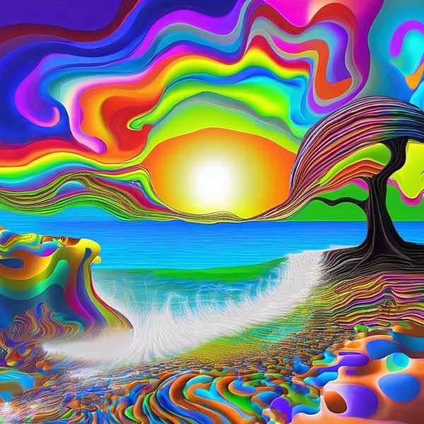 最初の商品画像がポスターの全体図です．2 番めの商品画像として中央部分の拡大図をのせています． 【GPT5/4o による解説】 (正確でない場合がありますので，ご注意ください.) 本作は波打つラインと豊かなグラデーションで構成された海辺の幻...