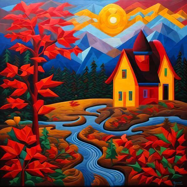 絵画風 AIアート ポスター カナによる 「秋の小川を臨む家」
