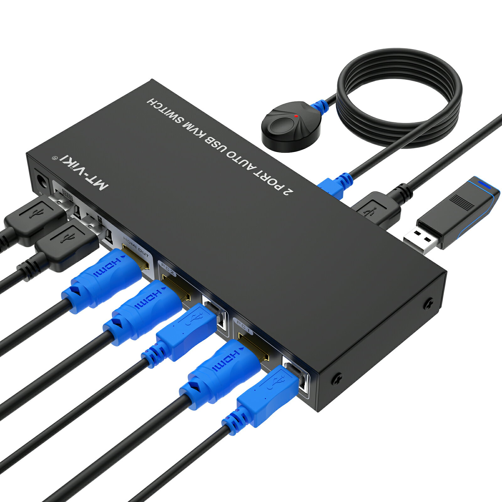 4K@60Hz HDMI 2 ポートKVM スイッチ + 2 USB HDMI ケーブル、ホットキー対応 HDMI 2 ポートKVMコンピュータ切替器