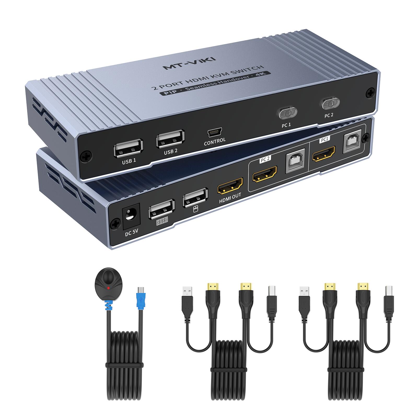 MT-VIKI 4K@30Hz シームレス HDMI KVMスイッチ 2画面同時表示・PIP 2ポート / デスクトップコントローラ・ホットキー・ボタン・自動スキャン 切替対応 ＆電源ACアダプタ付属