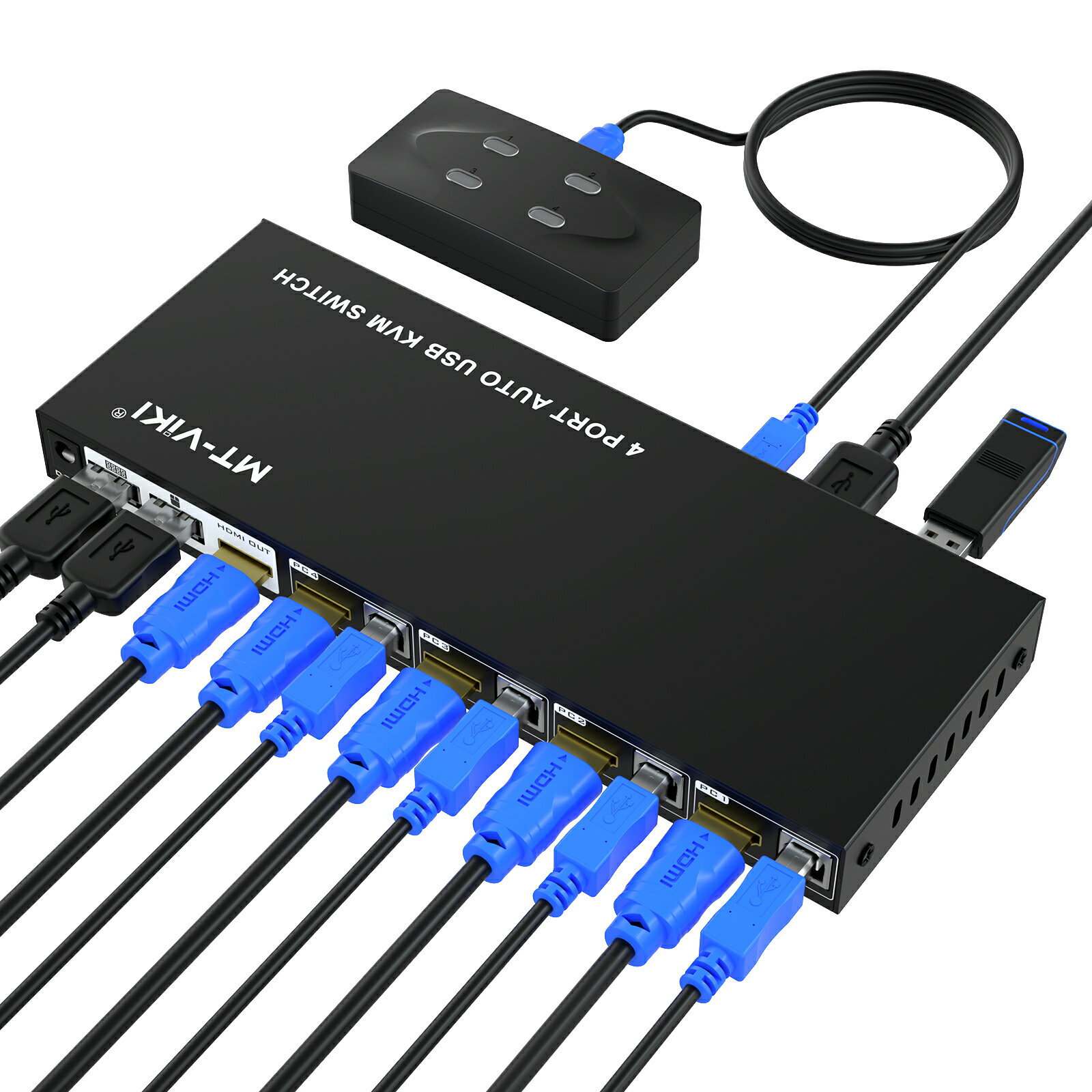 4K@60Hz HDMI 4ポートKVM スイッチ + USB HDMI ケーブル、ホットキー対応 HDMI 4ポートKVMコンピュータ切替器