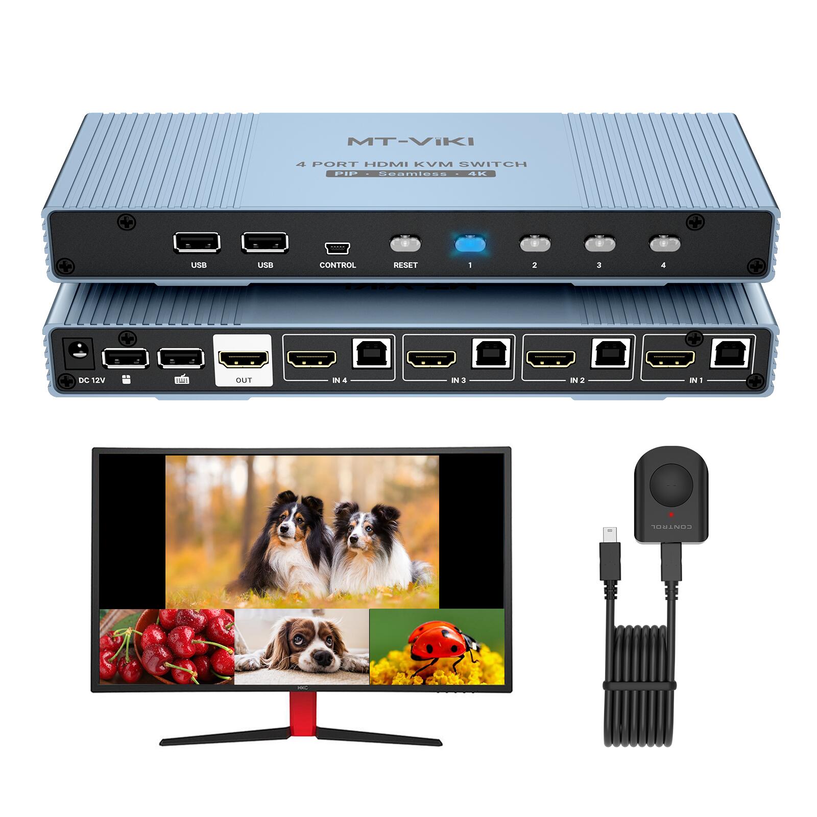 MT-VIKI 4K@30Hz シームレス HDMI KVMスイッチ 2/4画面同時表示・PIP 2ポート / デスクトップコントローラ・ホットキー・ボタン・自動スキャン 切替対応 ＆電源ACアダプタ付属 ブラック 鉄筐体MT-HK201/401W