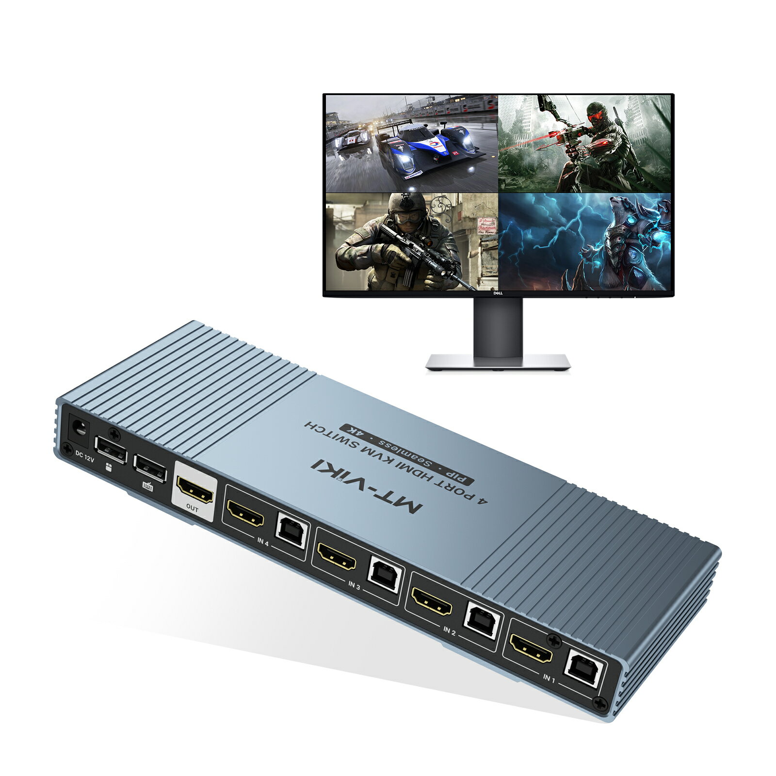 MT-VIKI 4K@30Hz シームレス HDMI KVMスイッチ 2/4画面同時表示・PIP 4ポート / デスクトップコントローラ・ホットキー・ボタン・自動スキャン 切替対応 ＆電源ACアダプタ付属 ブラック 鉄筐体MT-HK201/401W