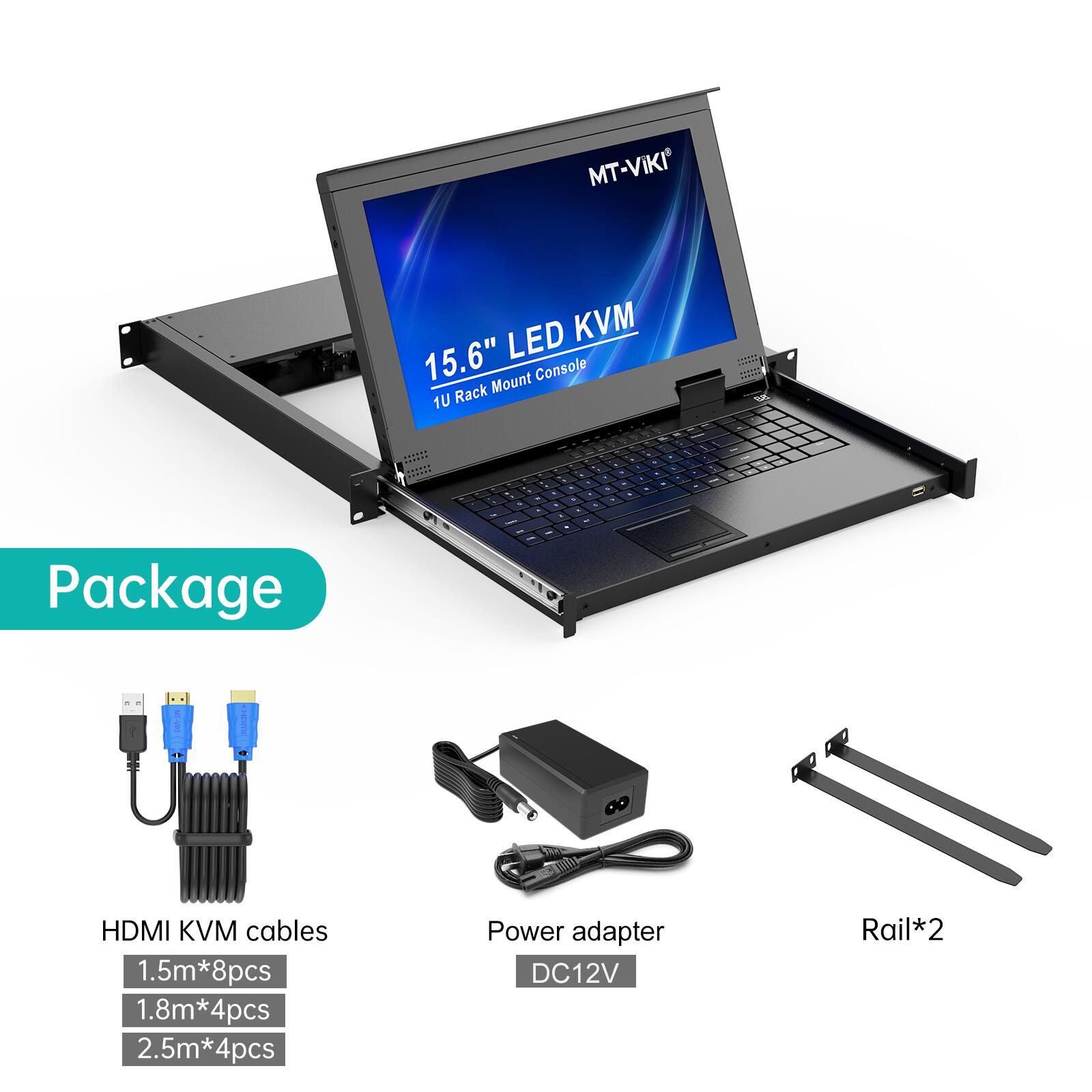 MT-VIKI 15.6インチLCD搭載 8ポートHDMI KVMドロワー HDMI KVM切替器 フルHD 1920×1080 LCDモニター内蔵 1Uラックマウント KVMドロワー KVM ケーブル 8本付き ホットキー OSD切替対応 ブラック 鉄筐体 MT-1568HL