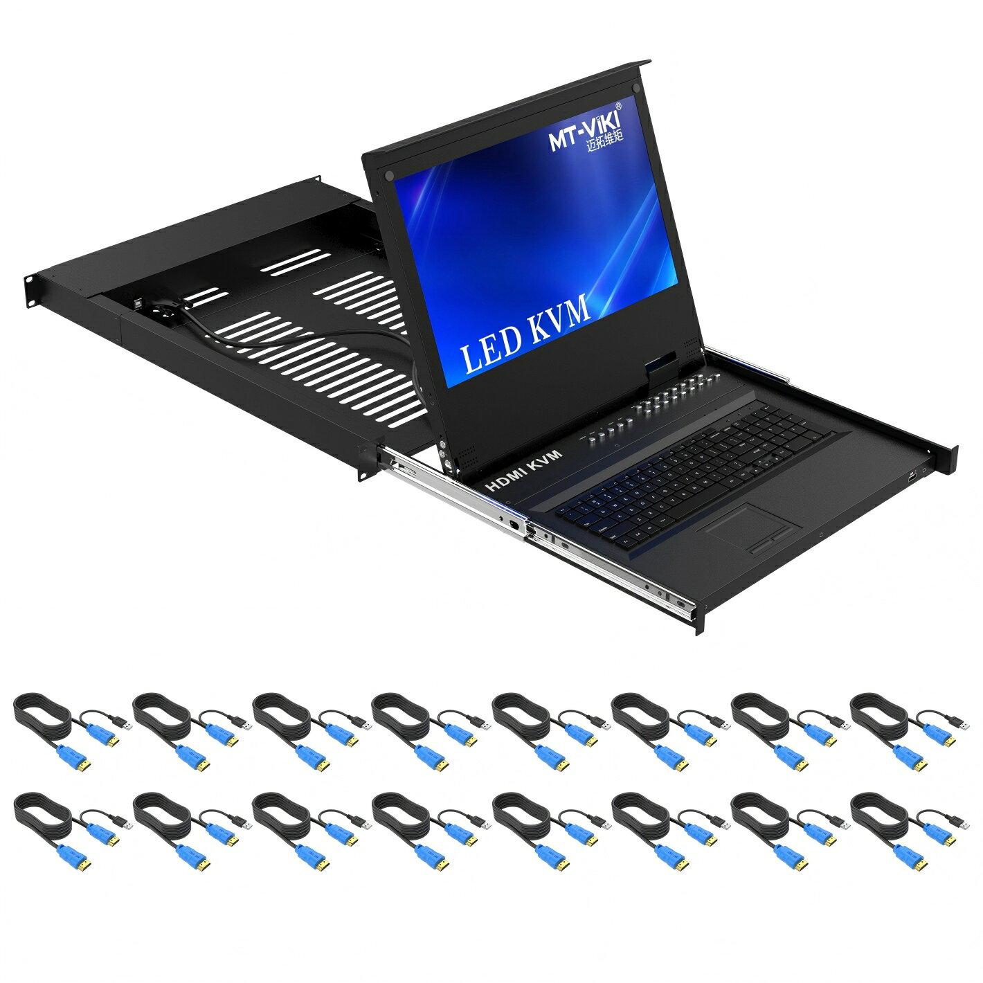17インチ LCD搭載 16ポート HDMI KVM切替器 ドロワー型 1920×1080 フルHD 1Uラックマウント対応（600〜810mm）KVMスイッチ 16本KVMケーブル付属
