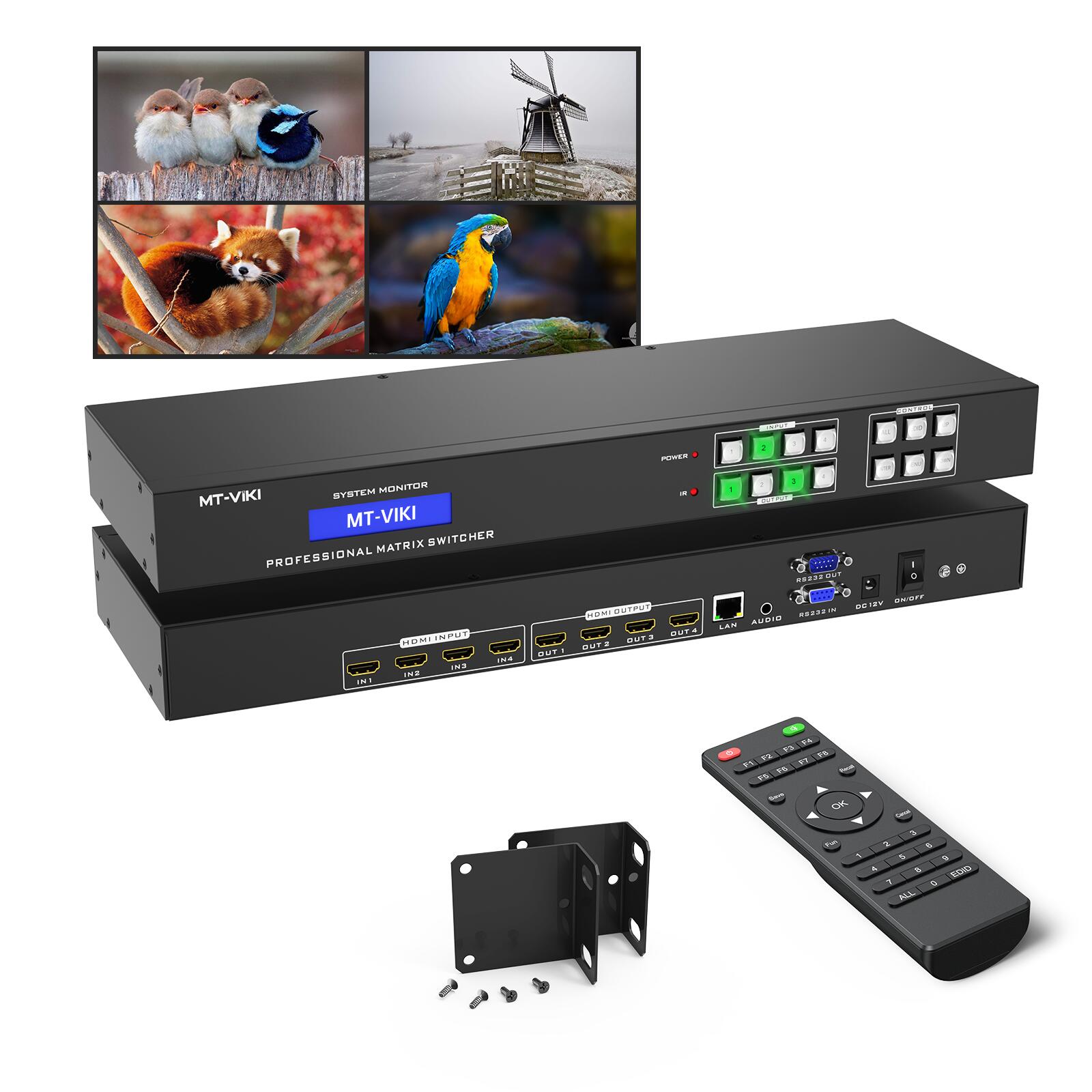 4入力4出力HDMIマトリックススイッチャー、4K@30Hz対応、第4出力ポートに3.5mm音声分離機能搭載