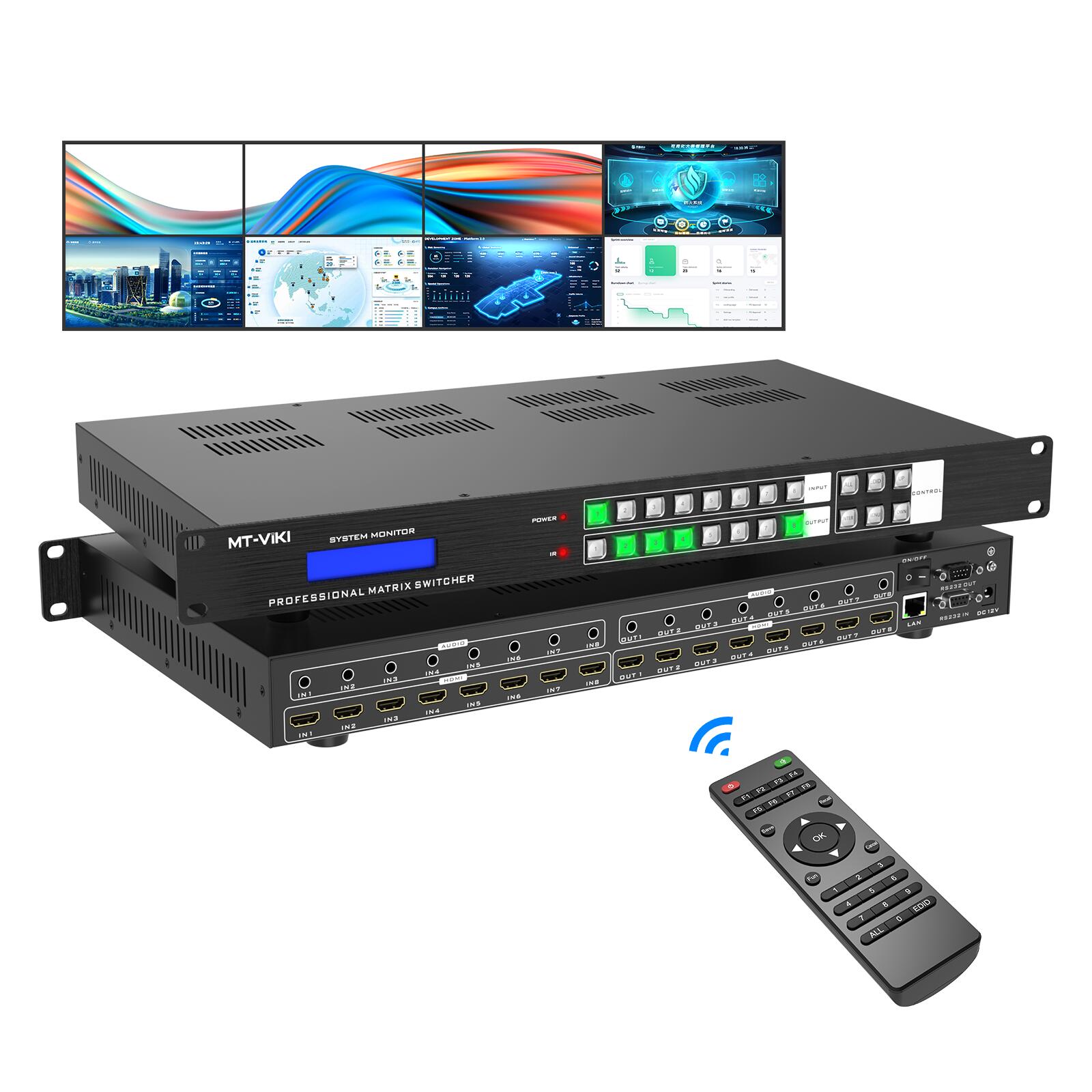 MT-VIKI4K@60Hz4入力4出力と8入力8出力ビデオウォールコントローラー 4x4 8x8 HDMIシームレスマトリックススイッチャー、ブラックな鉄筐体(H2M88H)