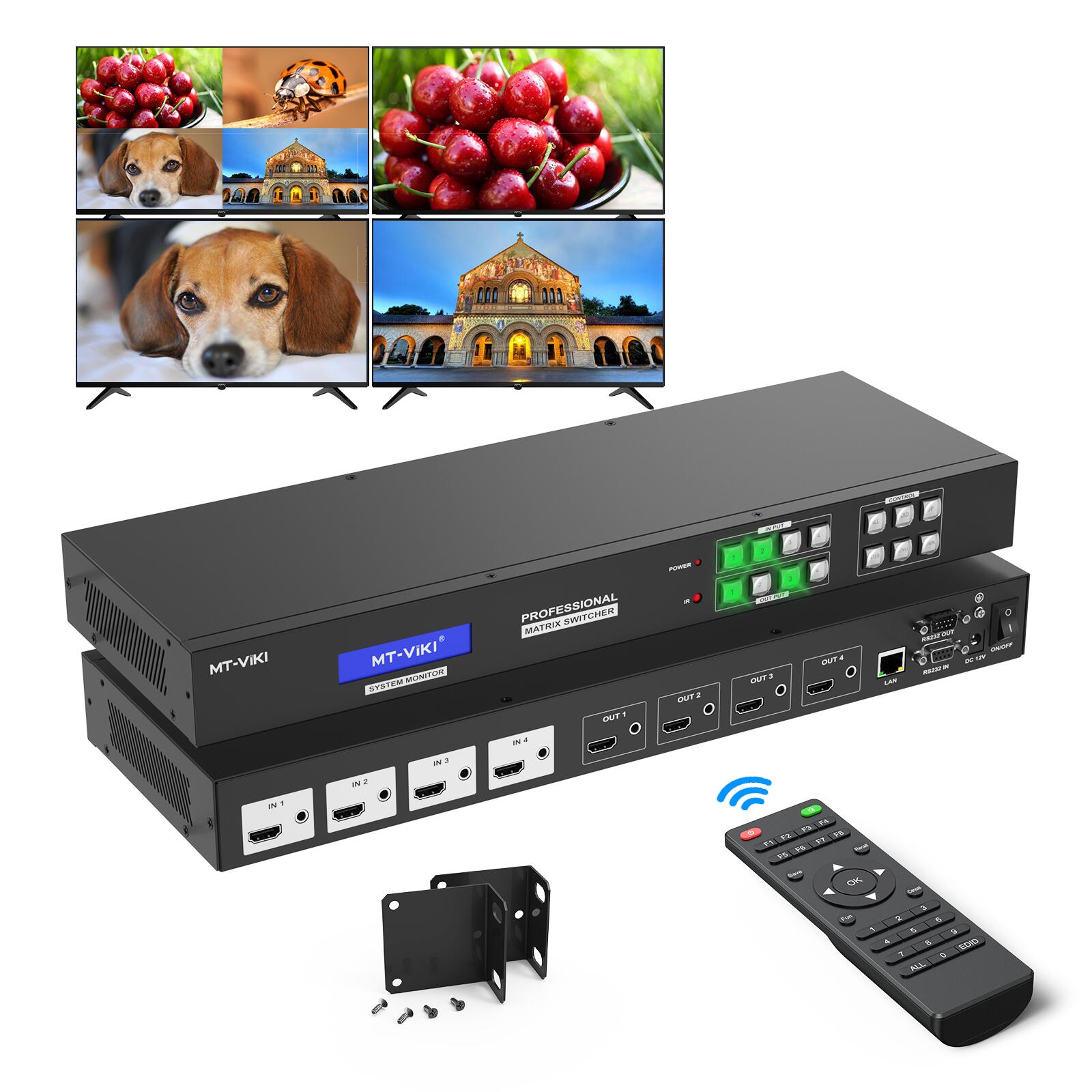 4K@30Hz 4入力4出力HDMIマトリックススイッチャー シームレス切り替え 映像拼接(拼接)画面分割 回転ミラーリング機能対応 入力・出力共に3.5mmオーディオのエンベッディング／ディエンベッディング（加解嵌）対応