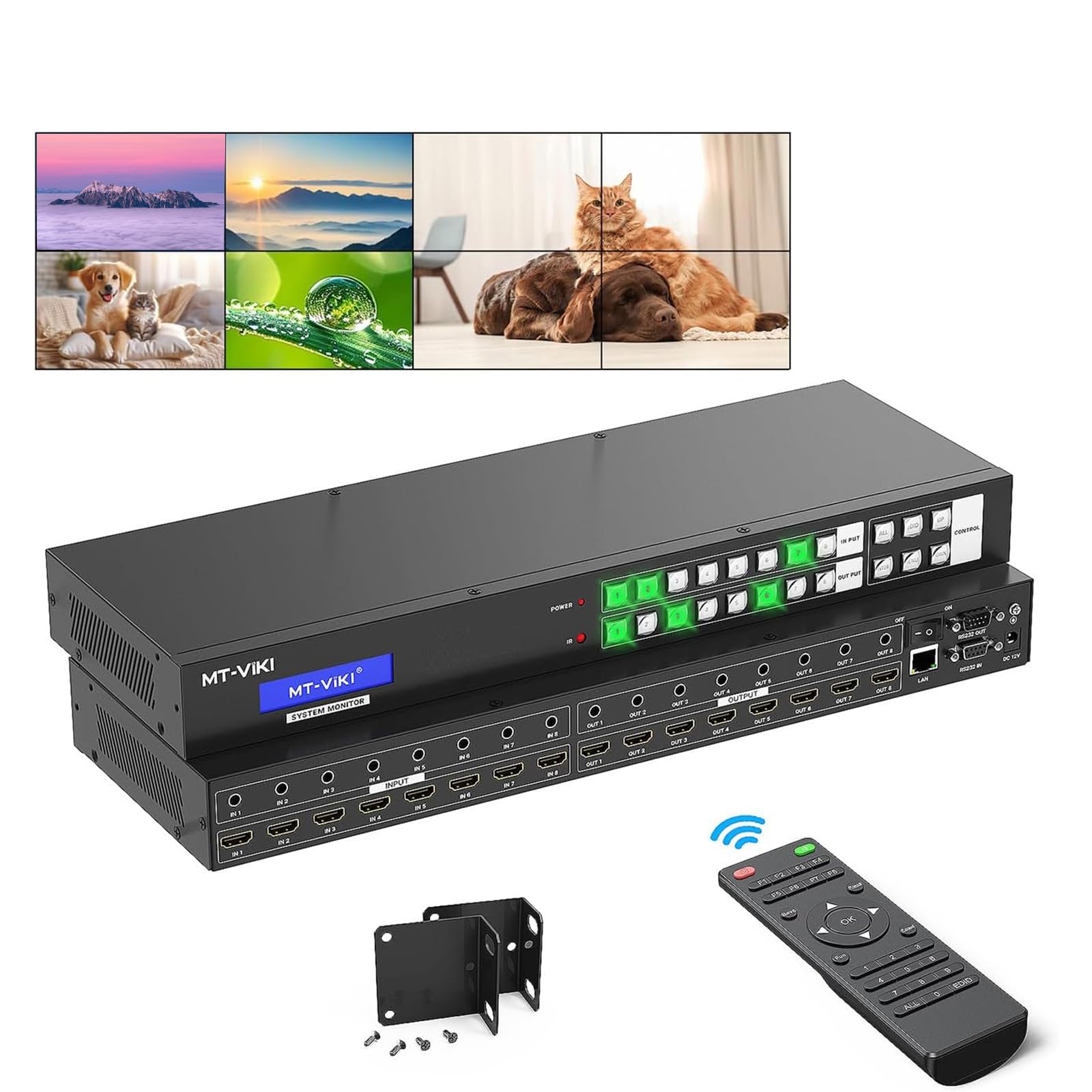 4K@30Hz 8入力8出力HDMIマトリックススイッチャー シームレス切り替え 映像拼接(拼接)画面分割 回転ミラーリング機能対応 入力・出力共に3.5mmオーディオのエンベッディング／ディエンベッディング（加解嵌）対応
