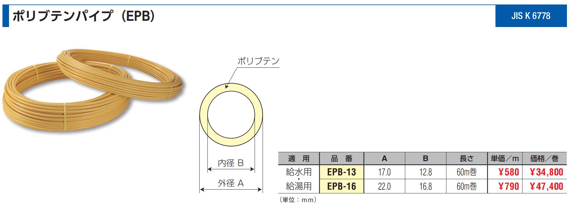 ProShop伊達 楽天市場店の法人のみ バクマ工業 (/BG) ポリブテンパイプ 給水 給湯用 13A 60m巻 ポリブデン管 ポリブデン菅 [EPB-13]｜アングル2