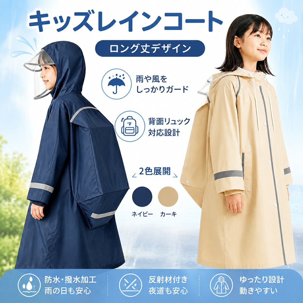 【リュック対応デザインで快適な通行】：この子供用レインコートは、リュック対応の設計で、ランドセルやバックパックを背負ったままでも快適に着用できます。特に梅雨の季節に便利で、雨水の侵入を防ぎ、雨衣とリュックの摩擦による不快感も軽減します。豪雨でもしっかりと乾燥を保ちます。自転車用レインコートとしても、自転車に乗っても防風・防雨性能が抜群で、悪天候でも安心して出かけられます。レインコートとしての機能も優れており、雨の日に最適です。 【サイズ】：XXL 着丈 90 バスト 120 袖丈 64 推奨身長 120-130 3XL 着丈 98 バスト 126 袖丈 67 推奨身長 130-145 4XL 着丈 106 バスト 130 袖丈 72 推奨身長 140-155 5XL 着丈 114 バスト 138 袖丈 76 推奨身長 155-165 6XL 着丈 124 バスト 140 袖丈 78 推奨身長 165-190 【便利な収納袋付きで実用的】：このレインコートには、同じ防水素材で作られた収納袋が付属しています。使用しない時は、簡単に折りたたんで収納袋に入れられ、バッグや手荷物に収めやすいです。収納袋のデザインもおしゃれで、普段使いのトートバッグとしても活躍します。雨具としてはもちろん、旅行や日常のさまざまなシーンで便利に使用できます。レインウェア レディースやレインコート メンズとしても使える便利なアイテムです。 【高品質な防水素材で長持ち】：このレインコートは、高品質な防水素材を使用しており、防水指数は8000mmです。長時間の暴雨でも雨水をしっかりと防ぎます。裏地は高品質TPUラミネートで、雨水の浸透を徹底防止。表面のロータス（蓮）の葉のような撥水機能により、雨粒はまるで水鳥の羽のように滑り落ちます。耐久性が高く、繰り返し使用しても傷みにくいので、子供の通学やアウトドア活動に最適です。高品質な素材は、レインコート レディースやレインコート メンズにも適用でき、全天候型の保護を提供します。カッパやポンチョとしてもご利用いただけます。 【多機能防風・防雨設計で全面保護】：レインコートは、二重の透明防水バイザー、二重袖口、大容量の防水ポケット、そして高めの襟で二重防水前立てを備えています。これにより、様々な方向からの防風・防雨が可能で、特に梅雨の季節や強風・大雨時に最適です。雨天時の自転車移動やアウトドア活動でも、全面的に守ることができます。レインコート キッズとしても、子供用カッパやポンチョとして、家族全員で安心して使用できます。 【反射テープで安全性アップ】：高輝度の反射テープが付いており、夜間や低光環境下での安全性が向上しています。雨天や霧の日、薄暮時にも視認性が高く、事故のリスクを軽減します。反射テープは、子供用レインコートの安全性を守るために設計されており、どんな天候でも安心して使用できるレインコートです。子供用ポンチョやカッパとしても非常に人気があり、親子で安心して使えるアイテムです。
