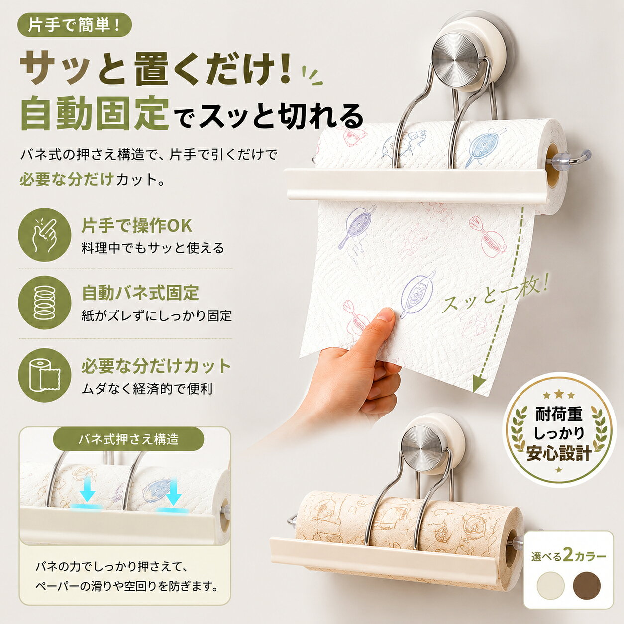 【週末限定20％OFFクーポン】キッチンペーパーホルダー ペーパーホルダー ロールホルダー ステンレス 片手で使える キッチンペーパーホルダー 壁掛け 棚下 穴あけ不要 粘着式 ペーパータオルホルダー 省スペース 浮かせる収納 ラップ収納 キッチンペーパー収納 キッチン収納