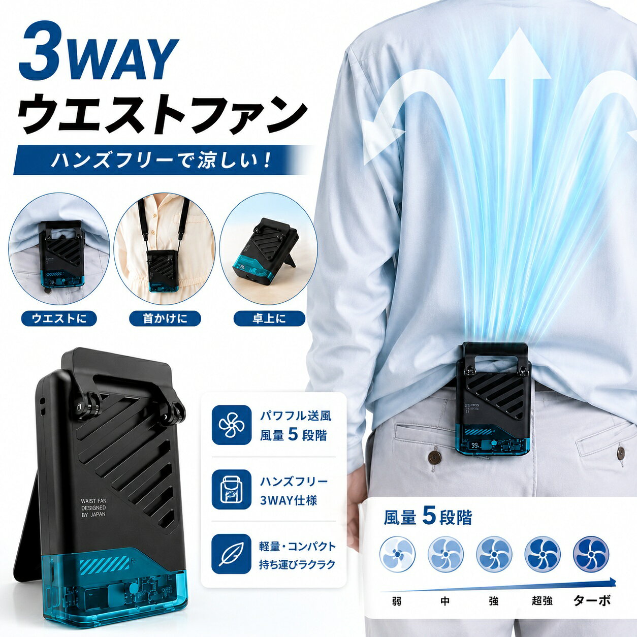 商品紹介 【1台4WAY・自由に使える多機能携帯扇風機】首掛け・腰掛け・卓上・手持ちの4通りで使用できる便利な携帯扇風機です。付属ストラップで首から掛けたり、クリップでベルトや服に固定したり、デスクに置いて使うことも可能。通勤、外出、作業などシーンに合わせて快適な風を届けます。 【4000mAh大容量バッテリー・長時間使用可能】4000mAhの大容量バッテリーを搭載し、外出先でも安心して使用できます。ベルトやウエスト部分に装着すれば、服の内側へ風を送り込み、蒸れや暑さを軽減します。倉庫作業、工事現場、農作業、アウトドアなど長時間の屋外活動にもおすすめです。 【5段階風量調節・パワフル送風】高回転モーターを採用し、小型ながらパワフルな風を実現。5段階の風量調節が可能で、涼しい微風から強力な送風まで自由に切り替えできます。通勤時の暑さ対策から屋外作業まで、使用環境に合わせて快適に使えます。 【軽量コンパクト・持ち運び便利】約205gの軽量設計で、首掛けや腰掛けで使用しても負担になりにくいサイズ感。バッグにも収納しやすく、通勤・通学・旅行・スポーツ観戦・夏祭り・アウトドアイベントなど、夏のお出かけに便利なポータブルファンです。 【USB Type-C充電・安心サポート】USB Type-C充電に対応し、使いやすく便利な充電仕様。 セット内容：携帯扇風機本体、ネックストラップ、充電ケーブル、取扱説明書。暑い季節の熱中症対策や作業時の暑さ対策グッズとして、幅広いシーンで活躍します。商品紹介 【1台4WAY・自由に使える多機能携帯扇風機】首掛け・腰掛け・卓上・手持ちの4通りで使用できる便利な携帯扇風機です。付属ストラップで首から掛けたり、クリップでベルトや服に固定したり、デスクに置いて使うことも可能。通勤、外出、作業などシーンに合わせて快適な風を届けます。 【4000mAh大容量バッテリー・長時間使用可能】4000mAhの大容量バッテリーを搭載し、外出先でも安心して使用できます。ベルトやウエスト部分に装着すれば、服の内側へ風を送り込み、蒸れや暑さを軽減します。倉庫作業、工事現場、農作業、アウトドアなど長時間の屋外活動にもおすすめです。 【5段階風量調節・パワフル送風】高回転モーターを採用し、小型ながらパワフルな風を実現。5段階の風量調節が可能で、涼しい微風から強力な送風まで自由に切り替えできます。通勤時の暑さ対策から屋外作業まで、使用環境に合わせて快適に使えます。 【軽量コンパクト・持ち運び便利】約205gの軽量設計で、首掛けや腰掛けで使用しても負担になりにくいサイズ感。バッグにも収納しやすく、通勤・通学・旅行・スポーツ観戦・夏祭り・アウトドアイベントなど、夏のお出かけに便利なポータブルファンです。 【USB Type-C充電・安心サポート】USB Type-C充電に対応し、使いやすく便利な充電仕様。 セット内容：携帯扇風機本体、ネックストラップ、充電ケーブル、取扱説明書。暑い季節の熱中症対策や作業時の暑さ対策グッズとして、幅広いシーンで活躍します。