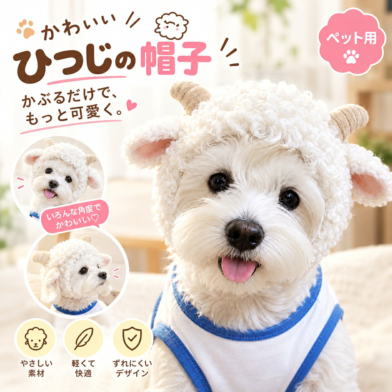 商品仕様 素材：ポリエステルン カラー：写真通り サイズ：体重1.5～7.5kgの小型犬や猫に対応する帽子です。 🐑【デザイン】2027年干支未年の羊モチーフ、もこもこ巻き毛と羊の角付きで愛らしい雰囲気を演出。年賀状撮影、記念写真にぴったりなペットコスプレ被り物です。 🧶【素材】ふわふわ柔らかいコットン生地を採用。秋冬シーズンに適しており、ペットの肌に優しく、長時間装着しても負担が少ない仕様です。 🐱【犬猫兼用サイズ】 小型犬から猫まで幅広く使用できるデザインで、ペットの種類を選ばず楽しめます。愛犬・愛猫の写真撮影、イベント、記念日など特別な時間を可愛く演出します。体重1.5～7.5kgの小型犬や猫に対応する帽子です。 📸【イベント対応】クリスマス、ハロウィン、新年の仮装・変身に活用可能。お家での撮影やパーティーで目を引くペット用帽子です。 🐾【撮影に活躍】 ペット用品として、記念撮影だけでなく、SNS投稿やプレゼントにもおすすめ。可愛い姿で思い出作りを楽しめます。