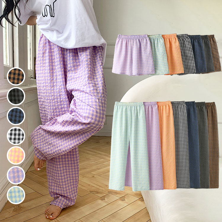 【クーポン利用で1,480円】 ルームウェア パジャマ パンツ レディース 夏 ギンガムチェック リラックス イージーパンツ ロングパンツ ショートパンツ 涼しい かわいい カジュアル ゆったり 部屋着 パジャマパンツ 【9月18日までの注文で10月2日に発送予定】【送料無料】メ込
