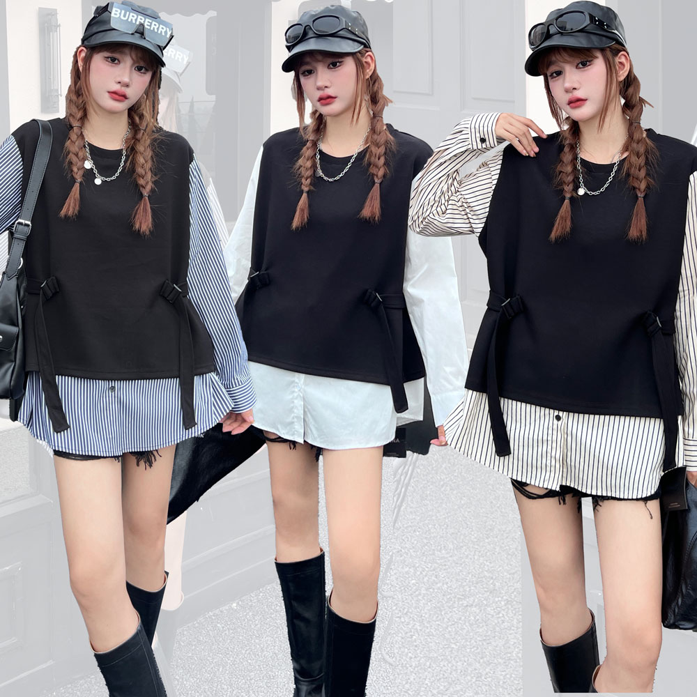 【NEW ARRIVAL】 レディース トップス シャツ 長袖 プルオーバー ストライプ柄 フェイクレイヤード フェイク レイヤード オフィス カジュアル 大人 可愛い おしゃれ きれいめ 重ね着 20代 30代 レイヤードワンピース プルオーバーワンピ