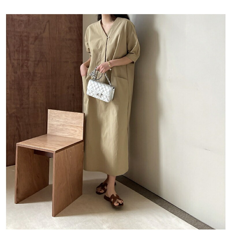 【お買い物マラソン&クーポンで値引き】バブル袖 ロングワンピース 半袖 ポリエステル カーキ ブラック フリーサイズ Vネック 夏 ゆったり 可愛い おしゃれ 着やせ スカート 薄手 シンプル デザイン 速乾 通気性 柔らか ファッション